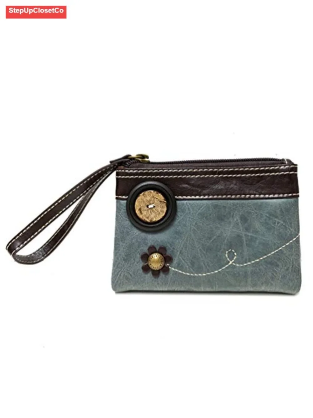 Double Zip Faux Leather Wristlet Wallet with Floral Applique